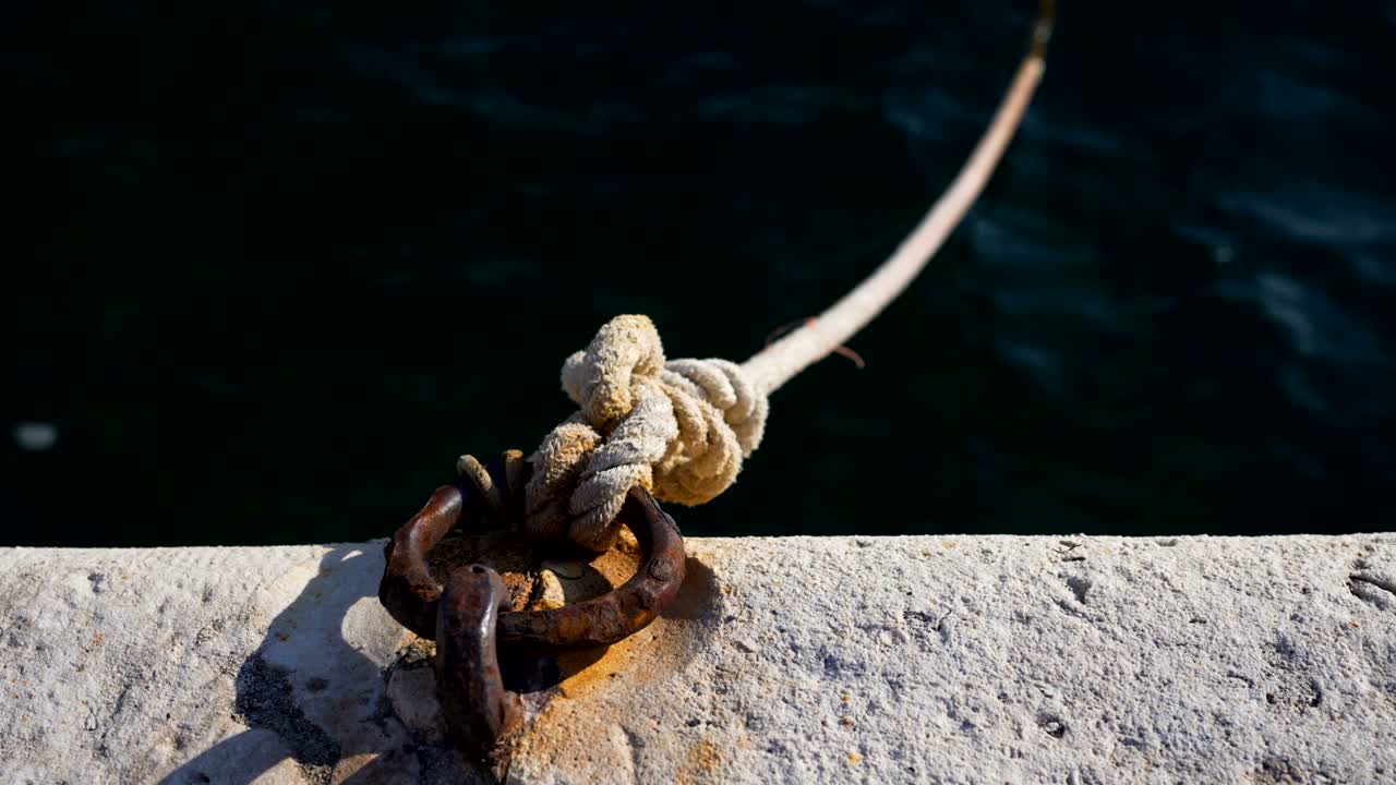 pilar de amarre y cuerda unida a una malla metálica oxidada