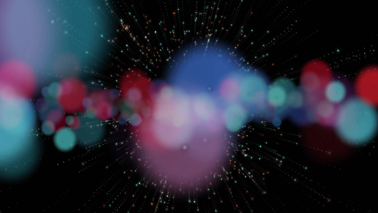 animación de manchas de luz que caen y confeti sobre un fondo negro.