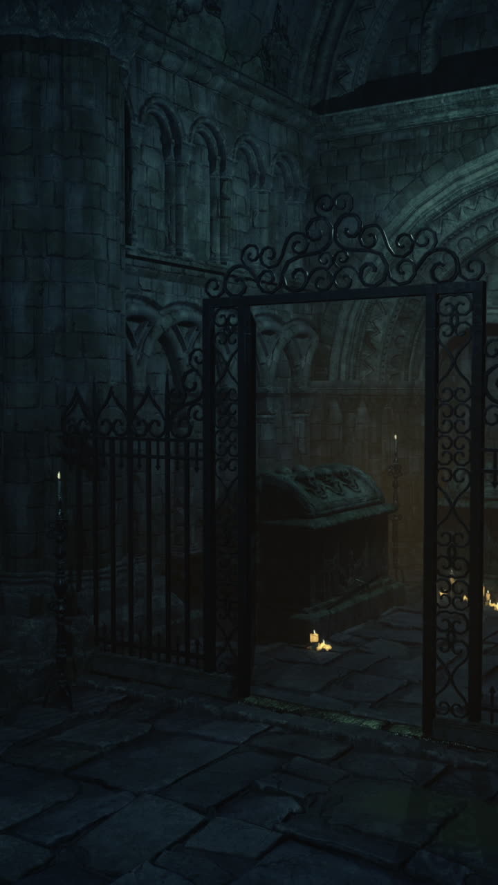 Enclosed dark chamber with candles and an ornate gate at night