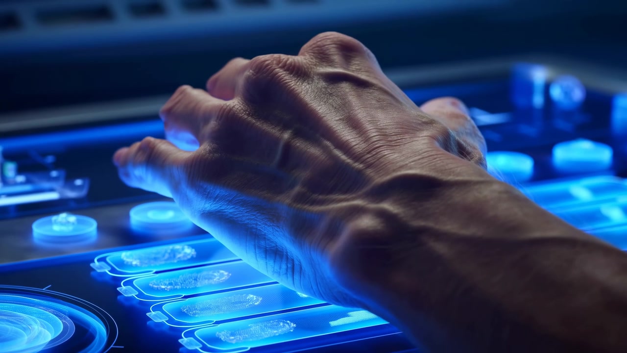 Et nærbillede af hænder med et glødende blåt lys i et højteknologisk miljø med digitale skærme. Scenen formidler en futuristisk og teknologisk stemning, der understreger.