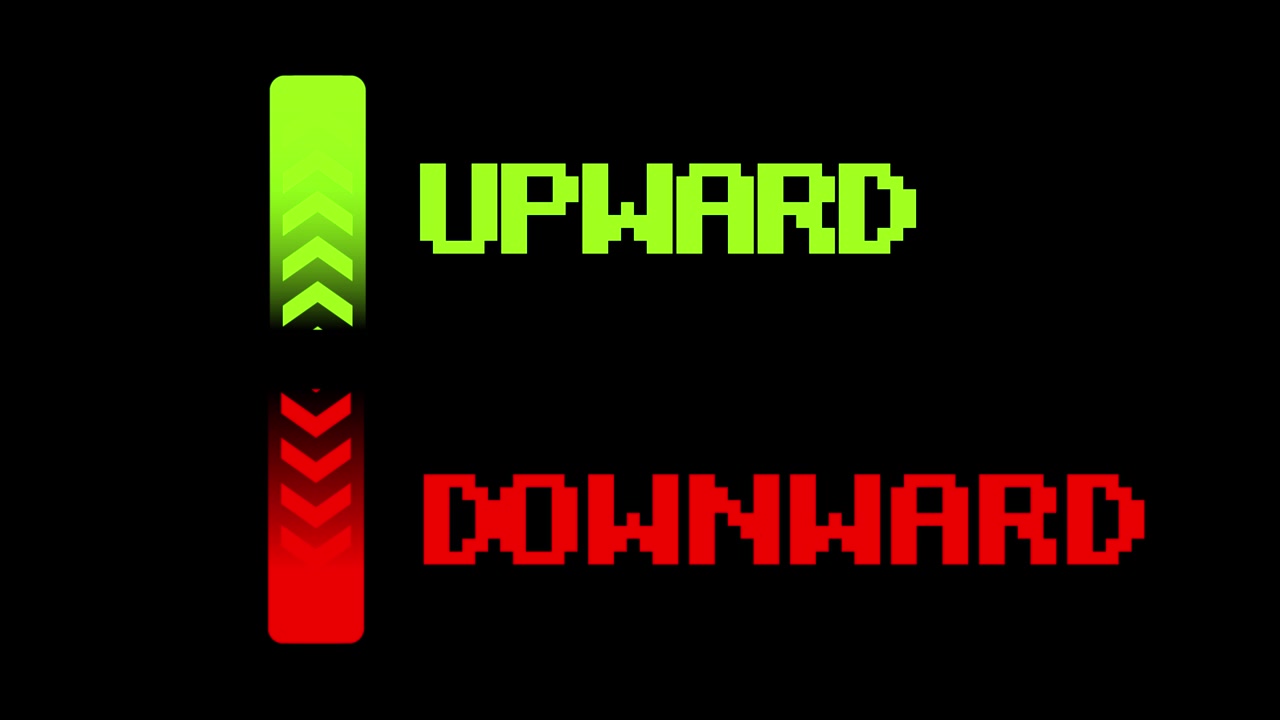 Green and red pixel font text displaying with arrow animation isolated on black background