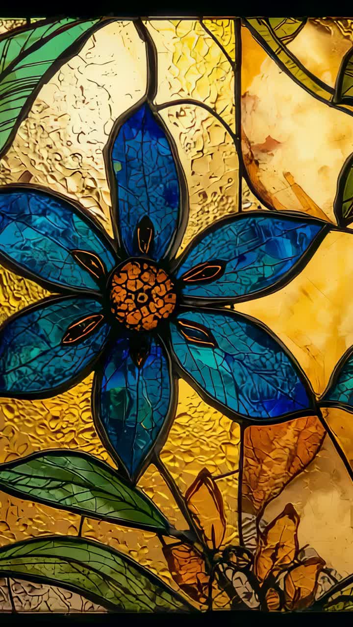 Vertical video: Zooming camera into stained-glass panel at window, revealing blue flower, lead came