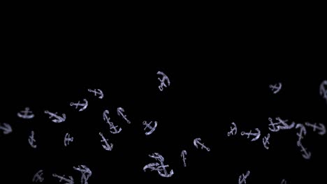 flying many anchors on black background. ship and boat anchor. marine icon. 3d loop animation of anchor rotating.