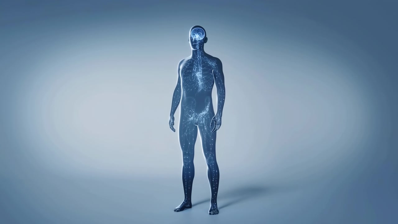 Figura umana traslucida con illuminazione neurale interna in piedi al punto centrale di scientifico