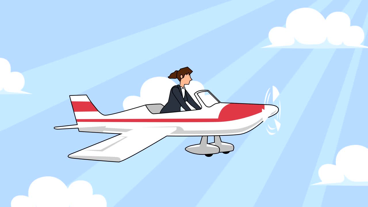 personaje de mujer de negocios de dibujos animados plano volando en avión rojo animación de avión con alfa mate