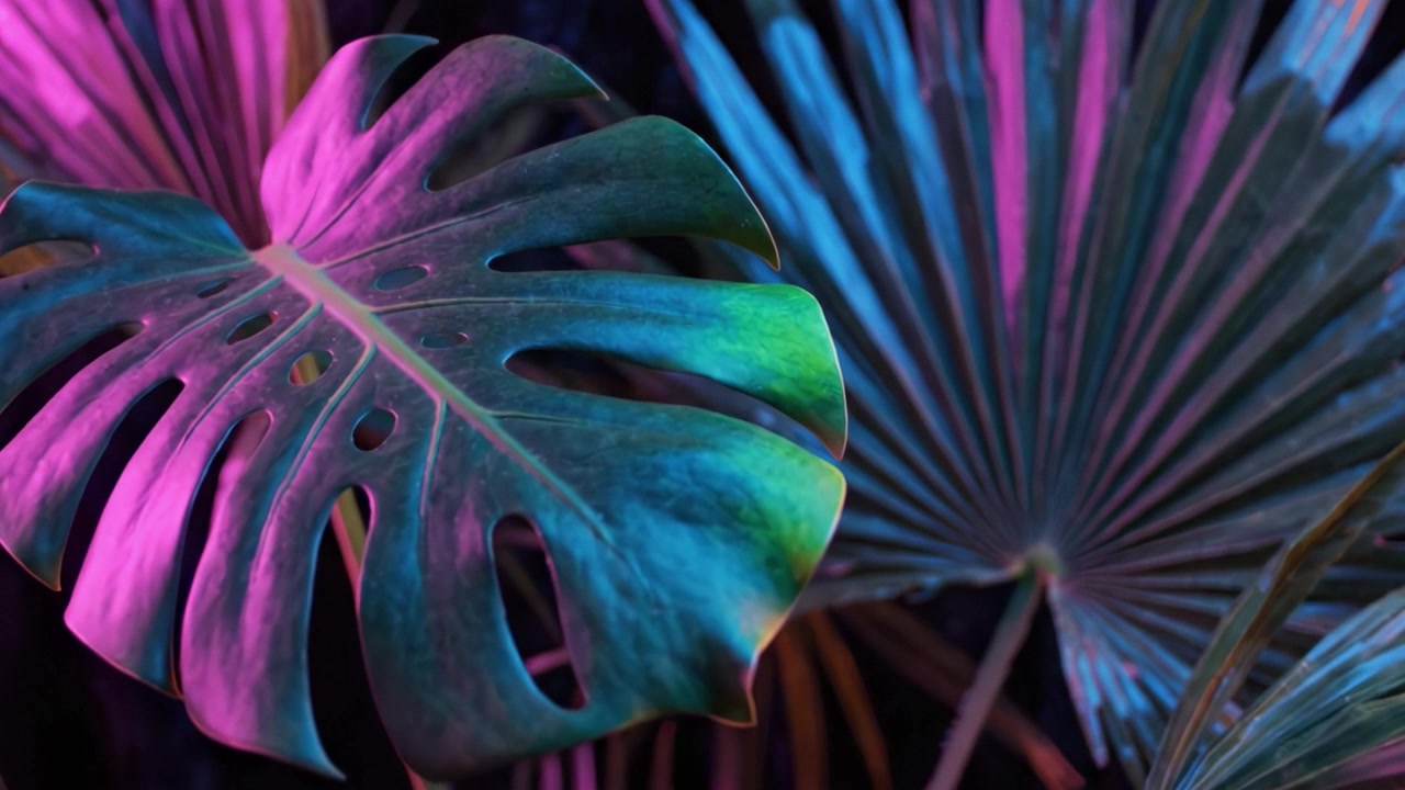 Un magnifique spectacle de feuilles tropicales vibrantes illuminées par une lumière colorée, mettant en valeur les subtilités et la diversité de la verdure de la nature