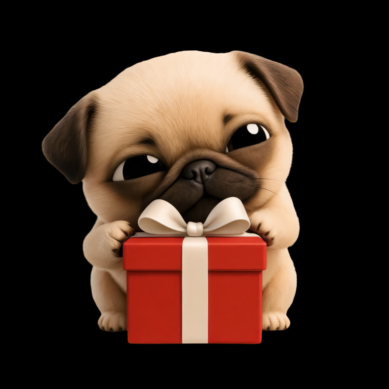 Pug adorable con animación de caja de regalo, recurso aislado, video 4K transparente, canal alfa, ProRes
