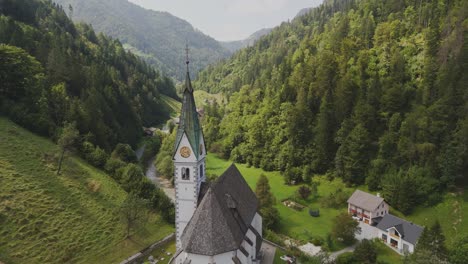 flyby old european church in the hillside of slovenia