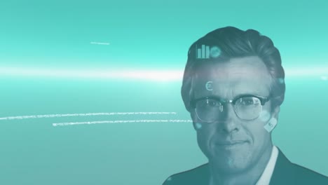 animación del retrato de un hombre sonriente sobre el procesamiento de datos en fondo verde