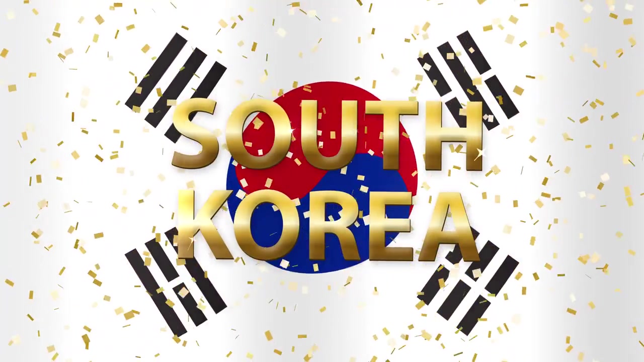 Animeret sydkoreansk flag vajer bag gylden 3D-tekst og faldende festlig guld konfetti