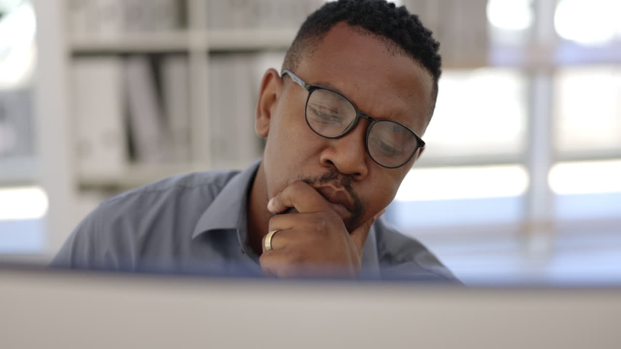 Thinking, computer and business man reading email