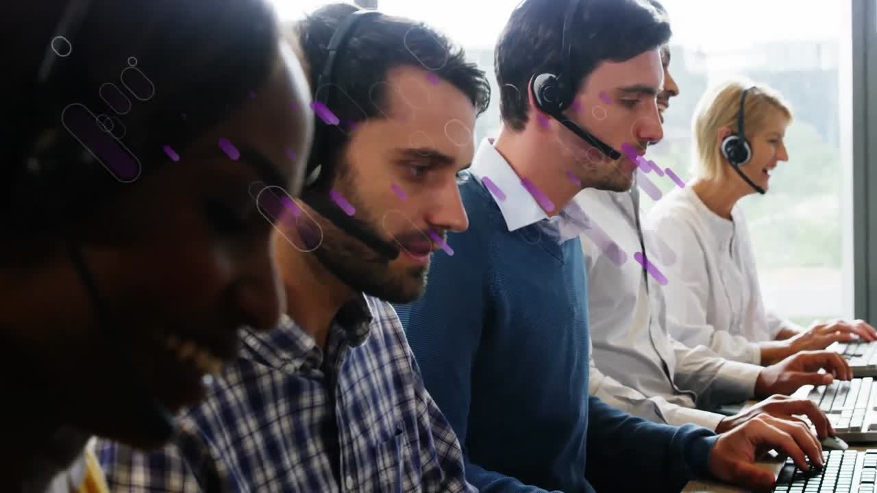 Animation of purple trails over diverse business people using phone headsets in office