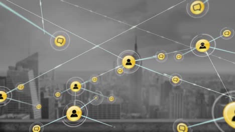 animación de iconos conectados con líneas sobre el empire state building en medio del paisaje urbano contra el cielo