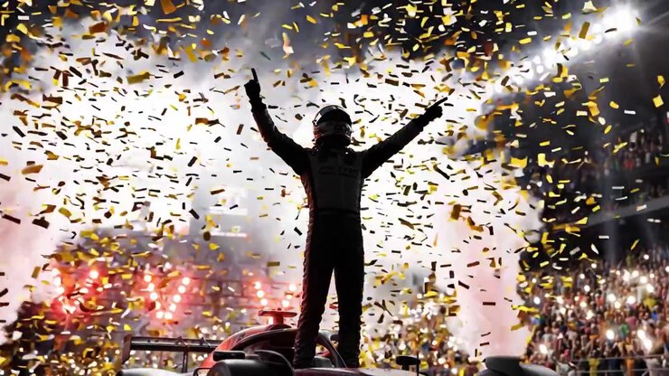 Celebration of Victory: A Racing Champion Soars Amidst Confetti and Smoke in an Electrifying Sports Arena