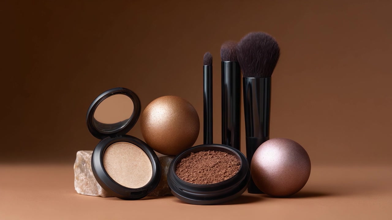 Aesthetic Display of Cosmetic Products: Showcasing Makeup Essentials Including Brushes, Powders, and Decorative Objects Against a Minimalistic Brown Background.