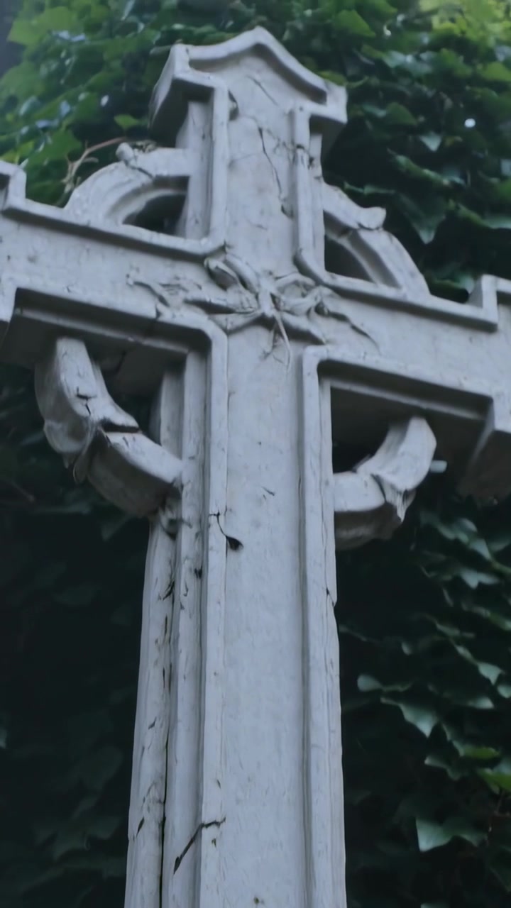 Video verticale: Telecamera che si inclina rivelando una croce di pietra erosa sulla facciata di una chiesa, con edera rampicante.