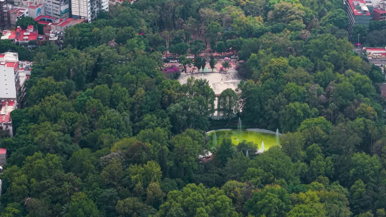 Elevated shot of Parque México within its urban context, Condesa, CDMX