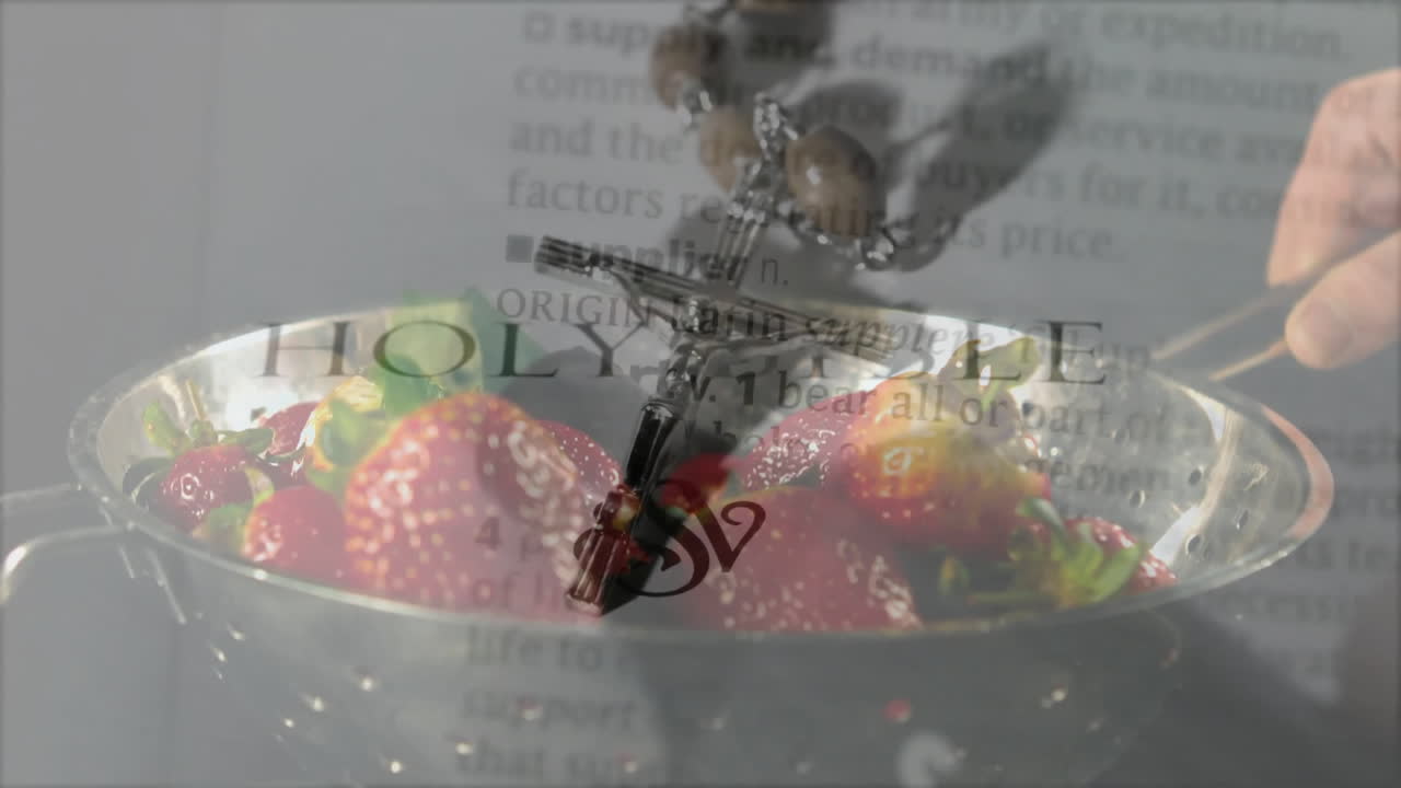 Rosary beads and cross over strawberries with animation in layered composition
