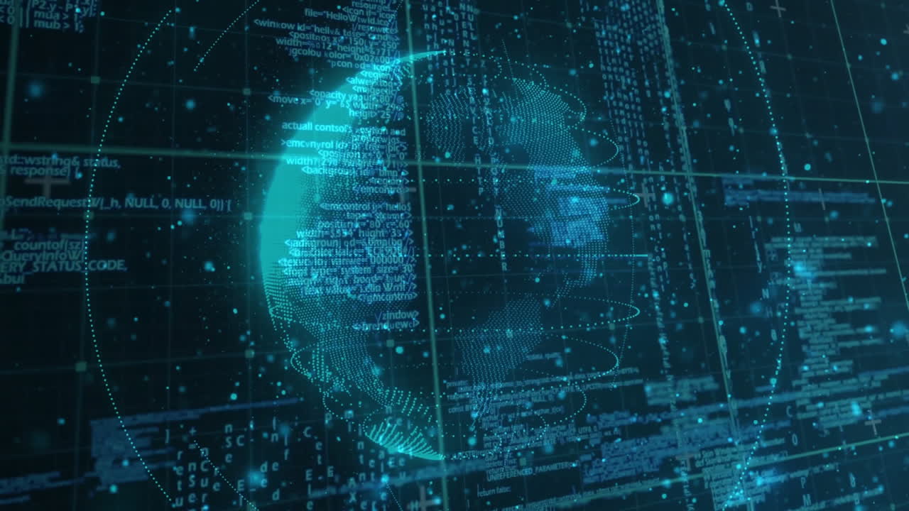 digital wireframe globe spinning in virtual interface, showing code snippets on neon grid