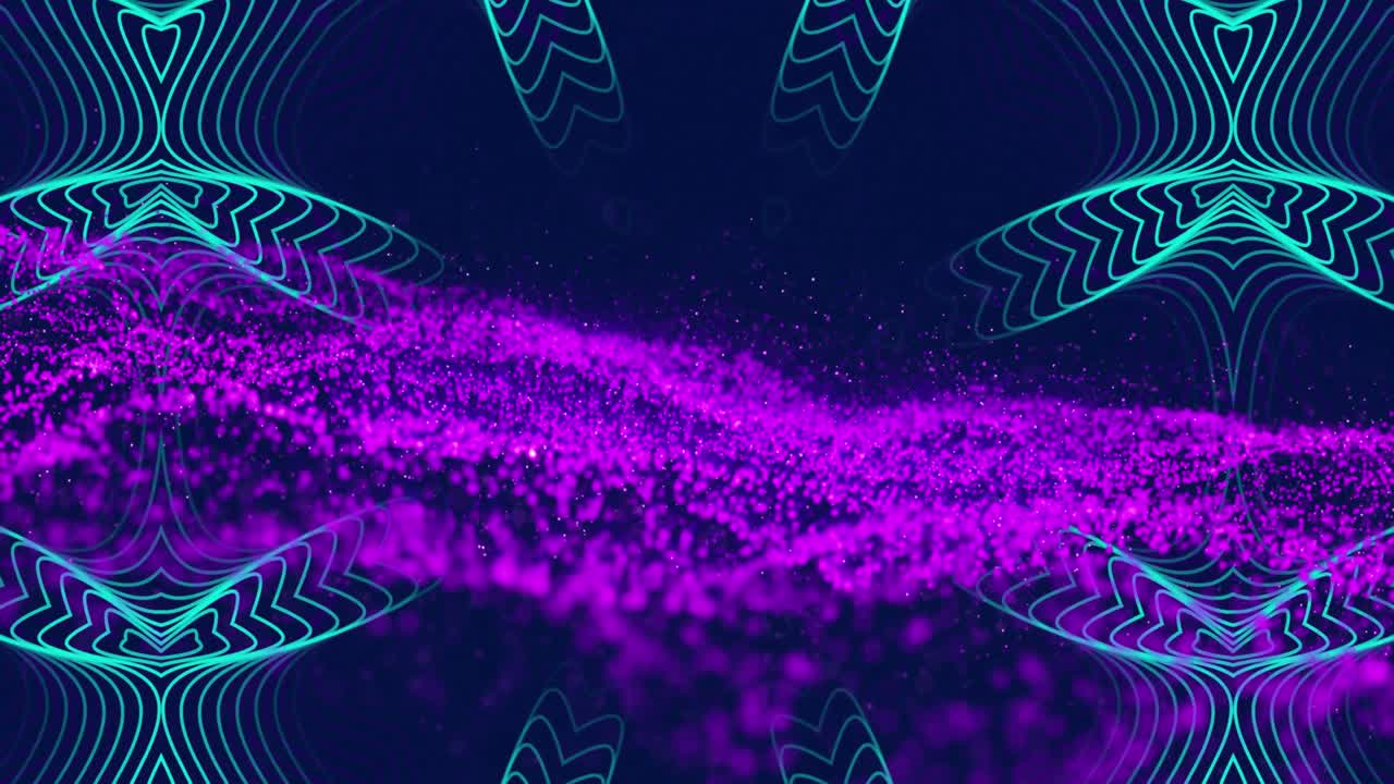 Animazione di caleidoscopio blu che scompare e particelle viola neon che formano un pattern a onda