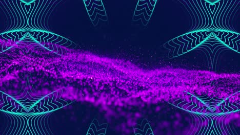 Animation-Eines-Verschwindenden-Blauen-Kaleidoskops-Und-Neonvioletter-Partikel,-Die-Wellenmuster-Bilden