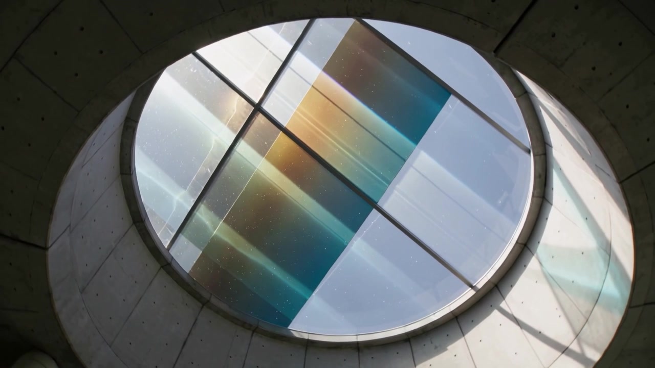 Rotating camera looking up showing skylight sliding colored film inside concrete shaft, mullion