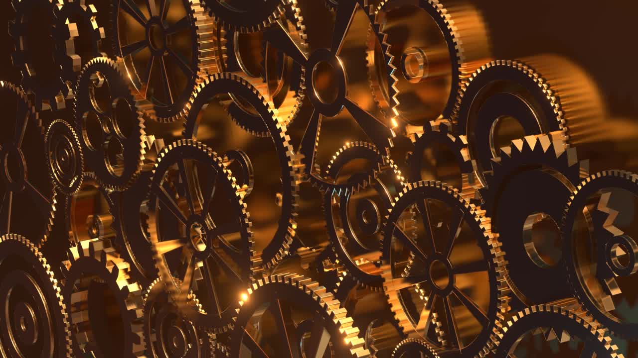 Many golden gears rotate as concept of any mechanism or progress. Technical 3d background 4k seamless loop