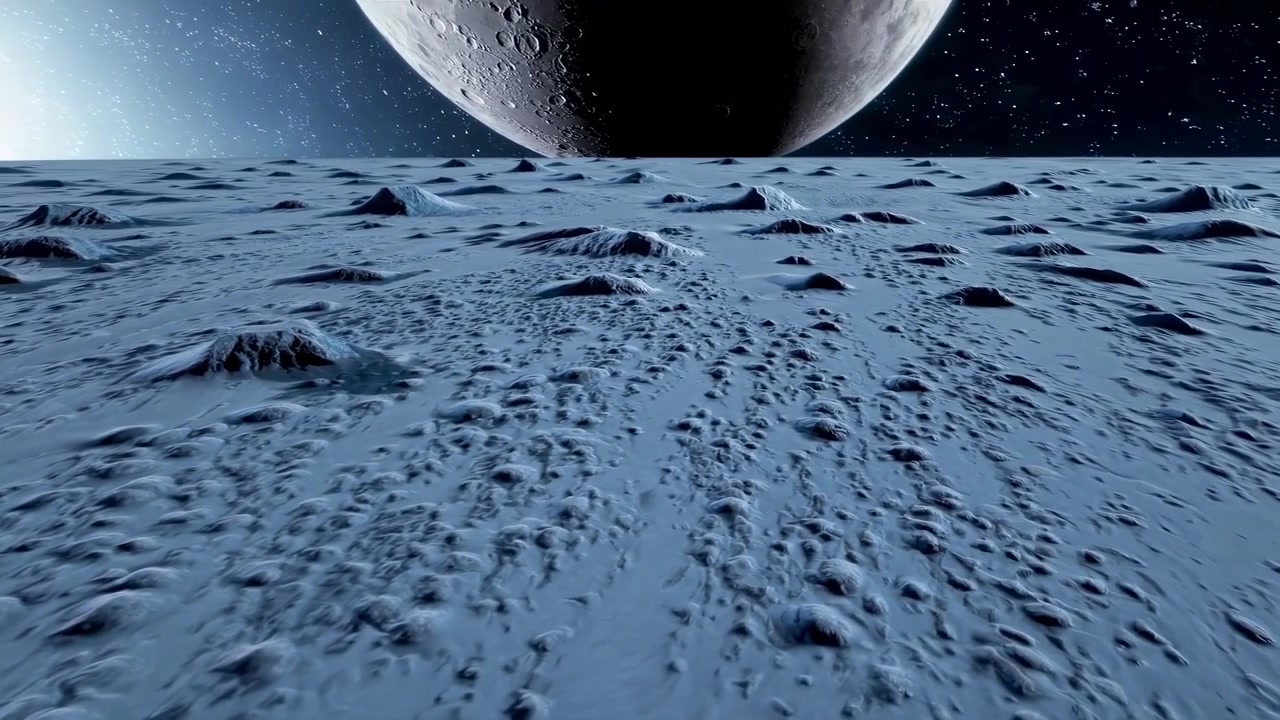 Vasto paesaggio alieno con una luna enorme e un cielo stellato