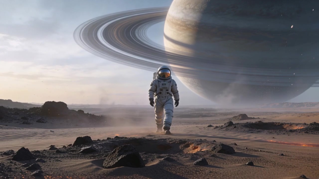 Astronot berjas berjalan mendekati lensa melintasi bukit pasir setelah urutan dimulai, dengan raksasa bercincin.