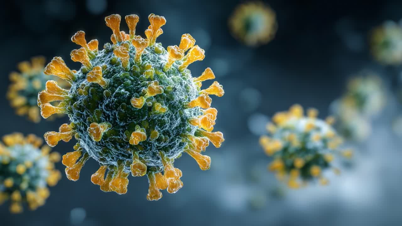 Detailed Microscopic Visualization of Virus Structure Showcasing Surface Proteins and Genetic Material in Various Angles, Highlighting Its Intricacy and Complexity