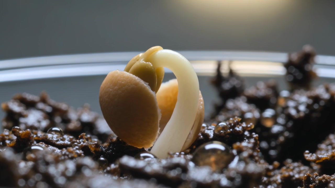 Mostra un seme marrone chiaro che si divide dopo l'irrigazione, con la radichetta che penetra nel terriccio in una capsula di vetro, goccioline.