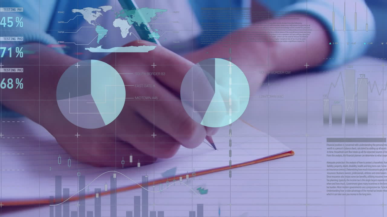 animación de interfaz infográfica multicolor sobre la sección media de un niño biracial escribiendo en un cuaderno