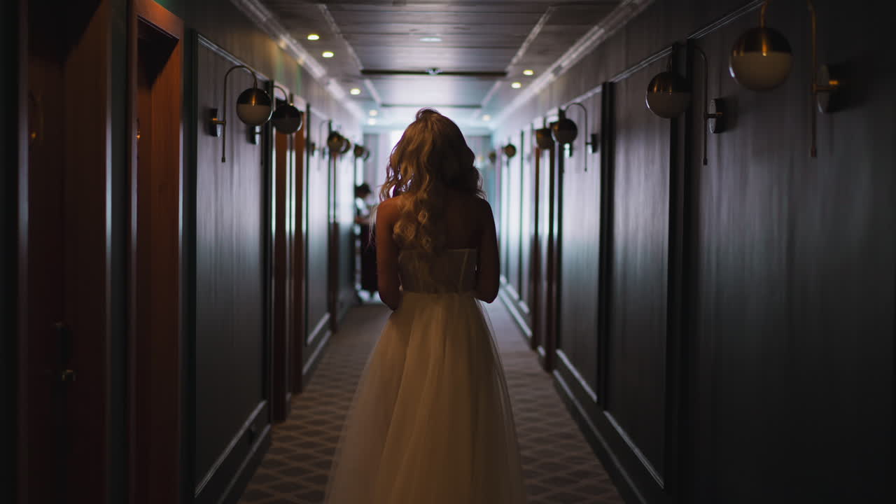 Donna aggraziata in abito da sposa bianco cammina lungo il corridoio