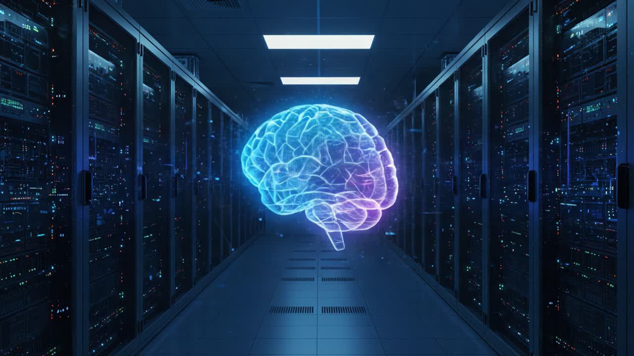 An Artistic Representation of a Digital Brain in a Server Room, Symbolizing the Intersection of Technology and Human Intelligence