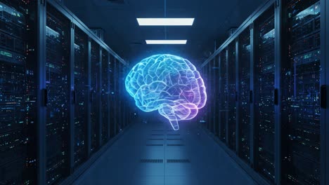 an artistic representation of a digital brain in a server room, symbolizing the intersection of technology and human intelligence