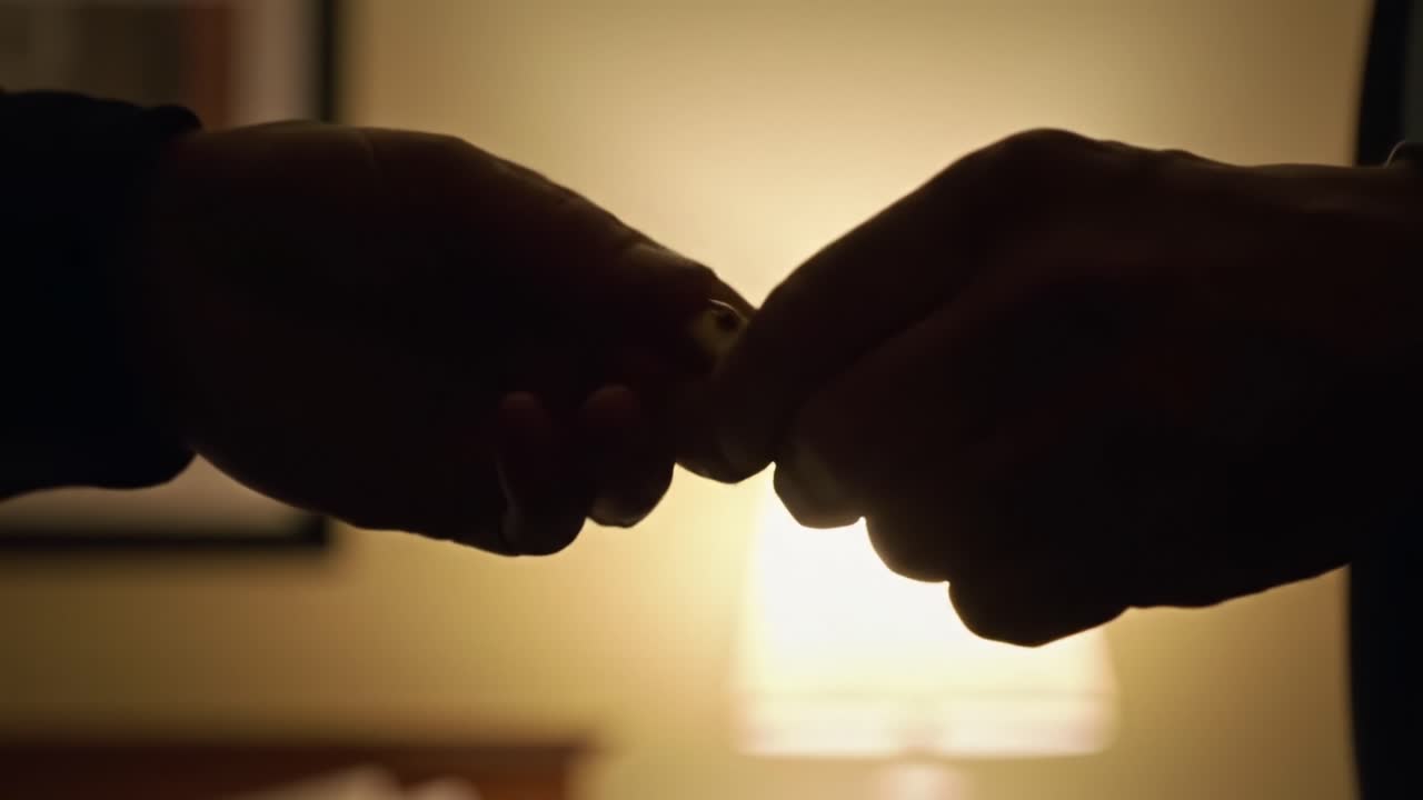 A Close-Up Perspective of a Hand Holding an Object in a Dimly Lit Room, Illuminated by a Soft Lamp Glow in the Background