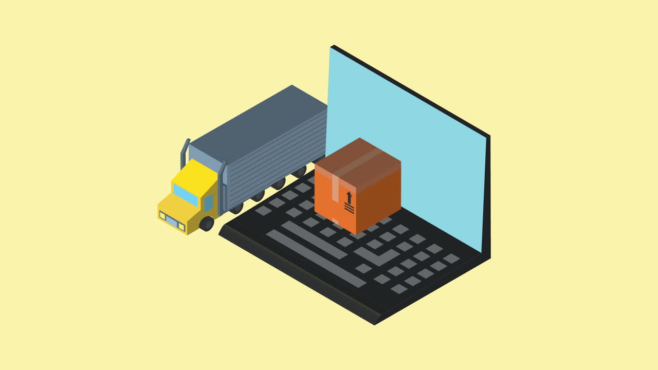laptop with truck and box logistic animation