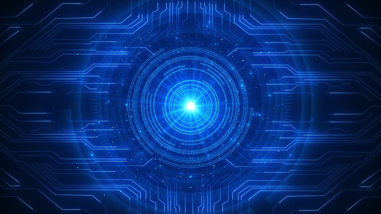 Nucleo energetico HUD circolare blu con un bagliore centrale brillante, linee di circuito luminose, anelli scanner e scuro