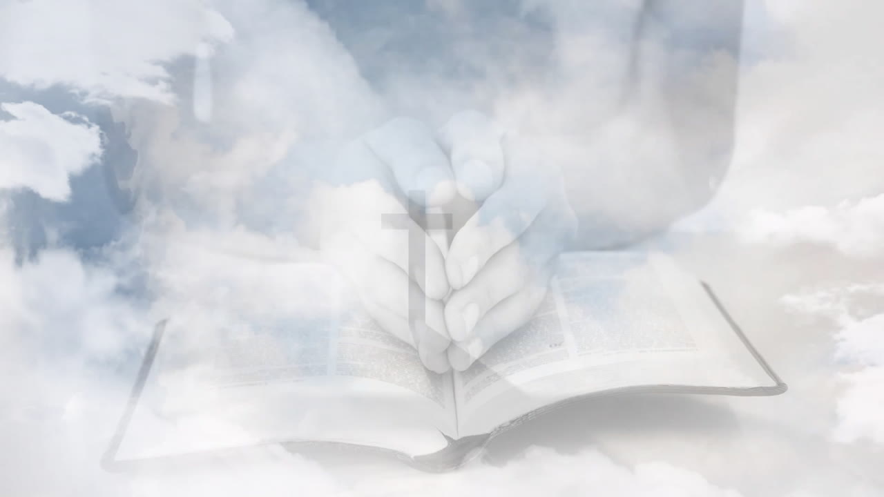 Animation of white clouds covering caucasian woman praying