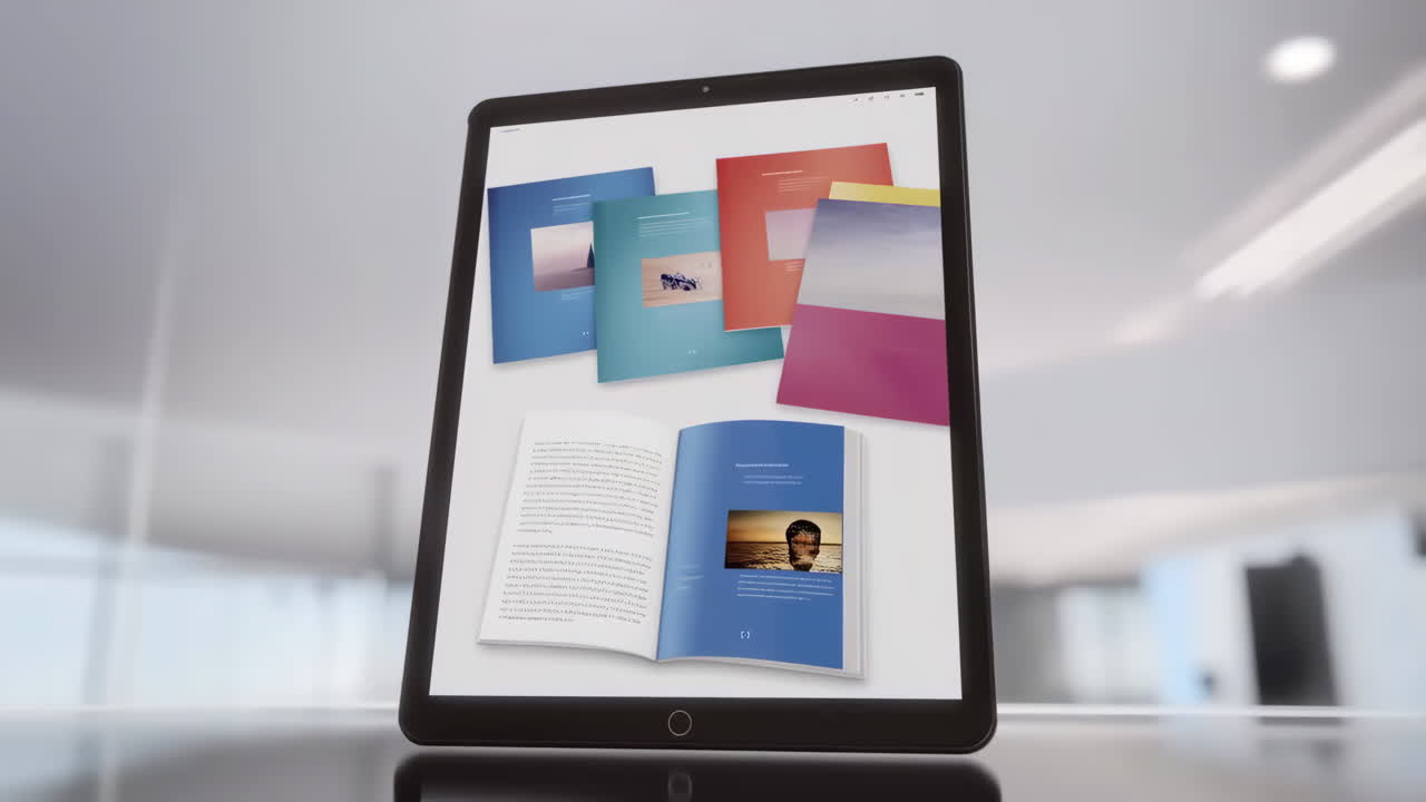Digital books and publications displayed on a tablet