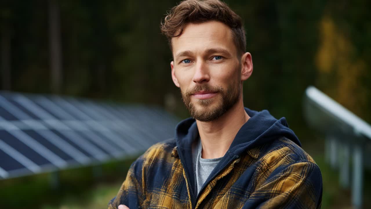 A Confident Young Man Poses Near Solar Panels in a Lush Natural Setting, Showcasing Sustainable Energy and Environmental Awareness with a Touch of Modern Style and Personal Charisma