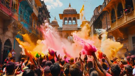 vibrant holi festival celebration with crowd and colored powder