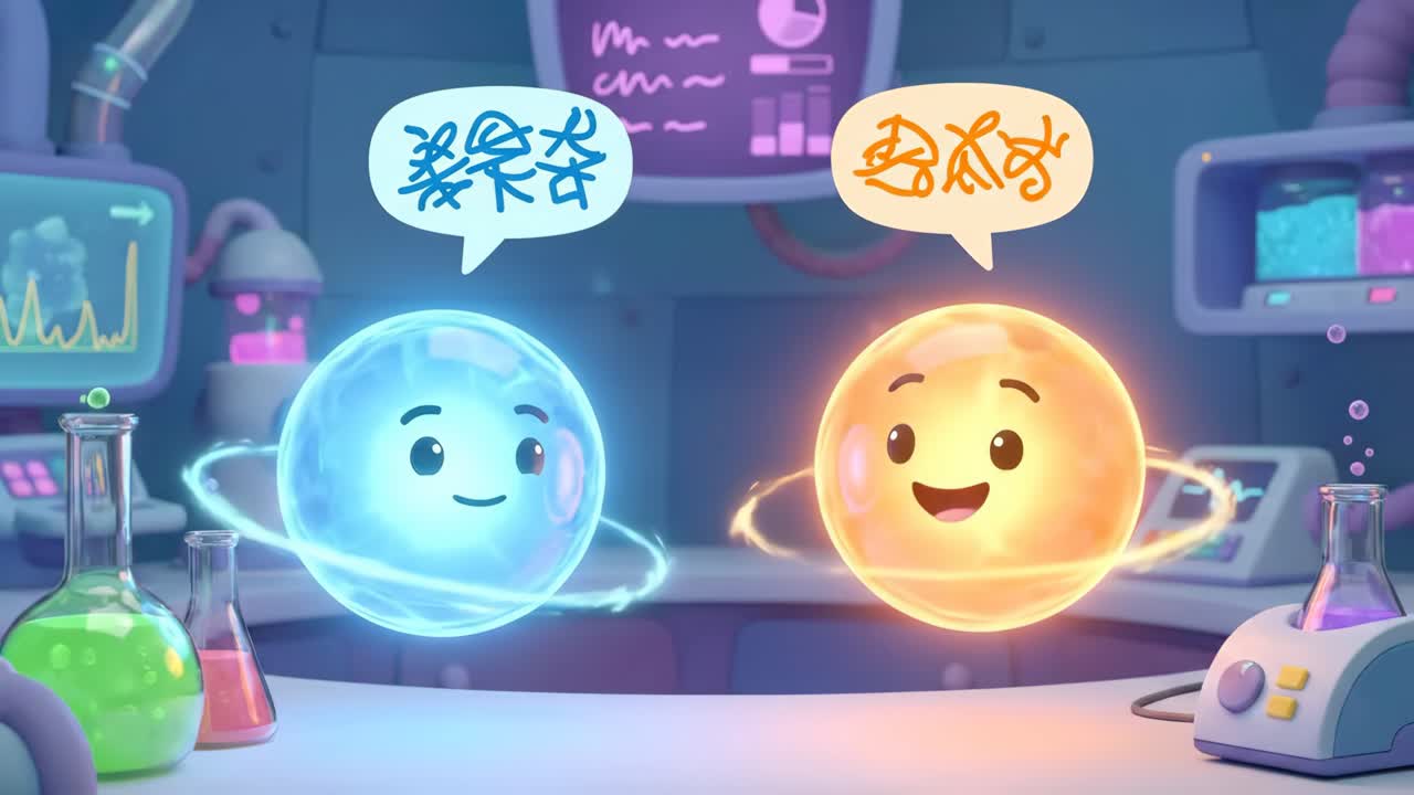 科学実験室にいる2つのアニメーション発光キャラクター