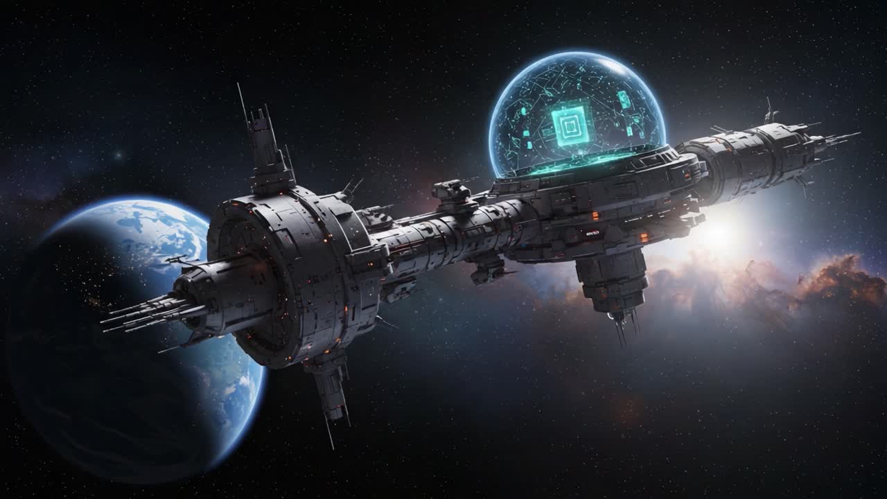 A Stunning Spacecraft Orbiting a Distant Planet with High-Tech Holographic Projection in the Vastness of Cosmos During a Celestial Voyage