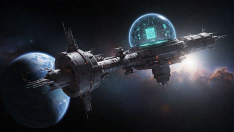 a stunning spacecraft orbiting a distant planet with high-tech holographic projection in the vastness of cosmos during a celestial voyage