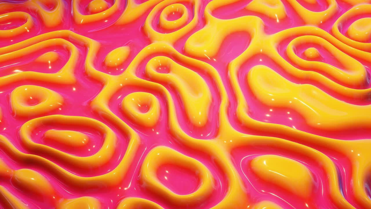 patrón ondulado abstracto en una superficie brillante y brillante, color amarillo rojo, ondas en el fluido de pintura en animación suave, brillos en líquido viscoso 3d.