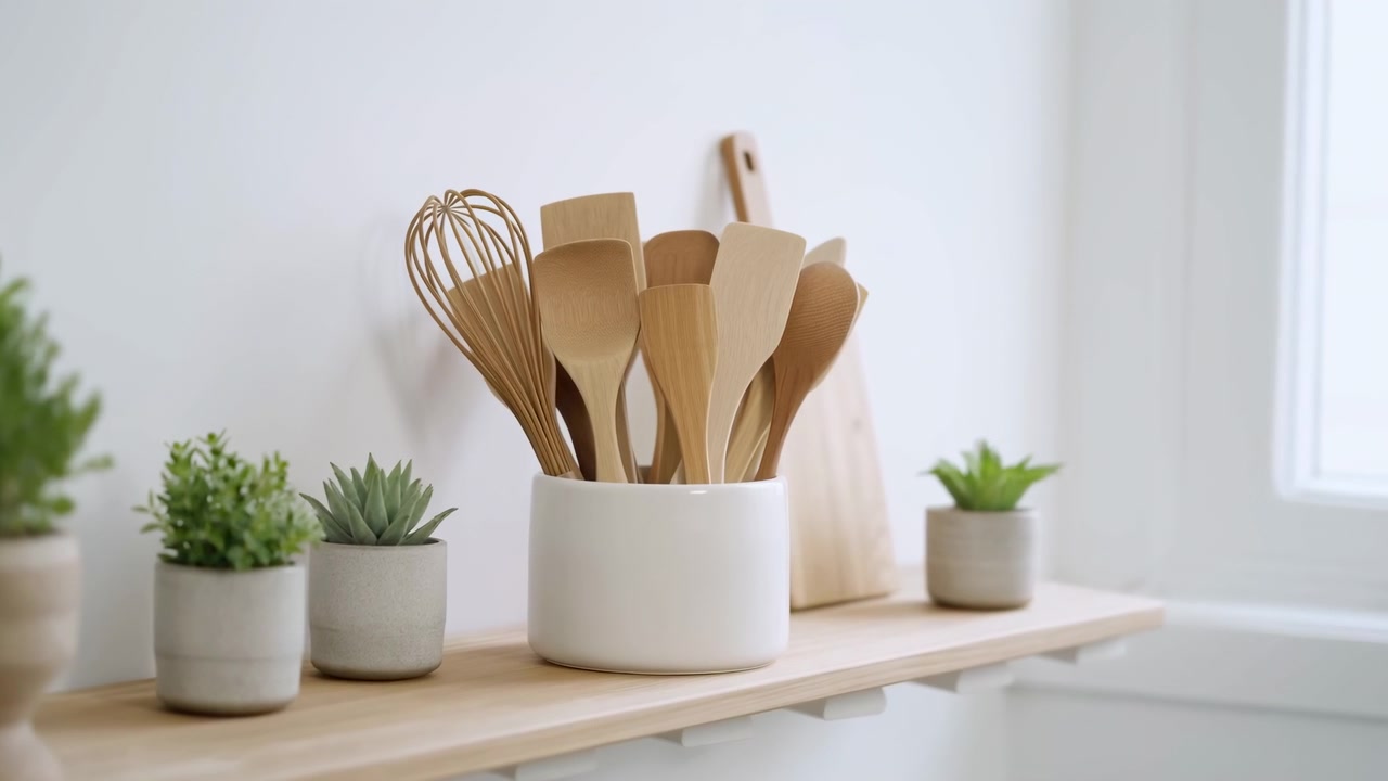 Minimalist kitchen scene with wooden utensils in ceramic holder on floating shelf during