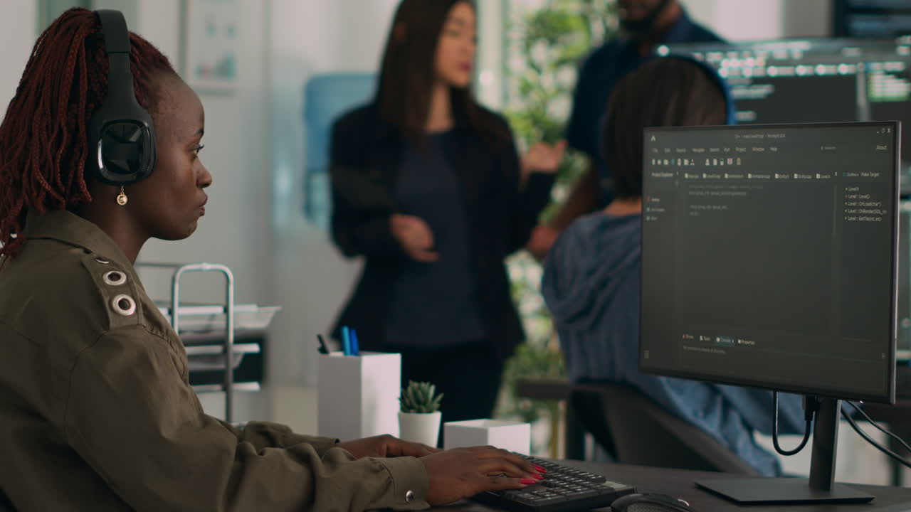 Software developer holding laptop and talking to programer at desk