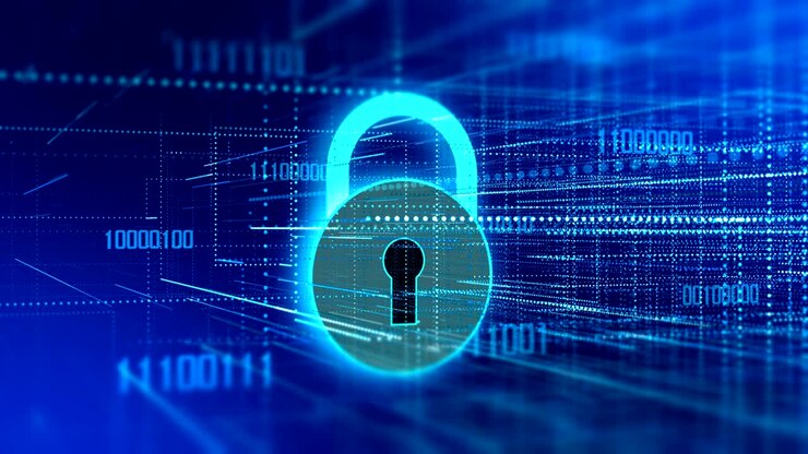 Concetto di sicurezza informatica, lucchetto rosso aperto su sfondo di dati digitali