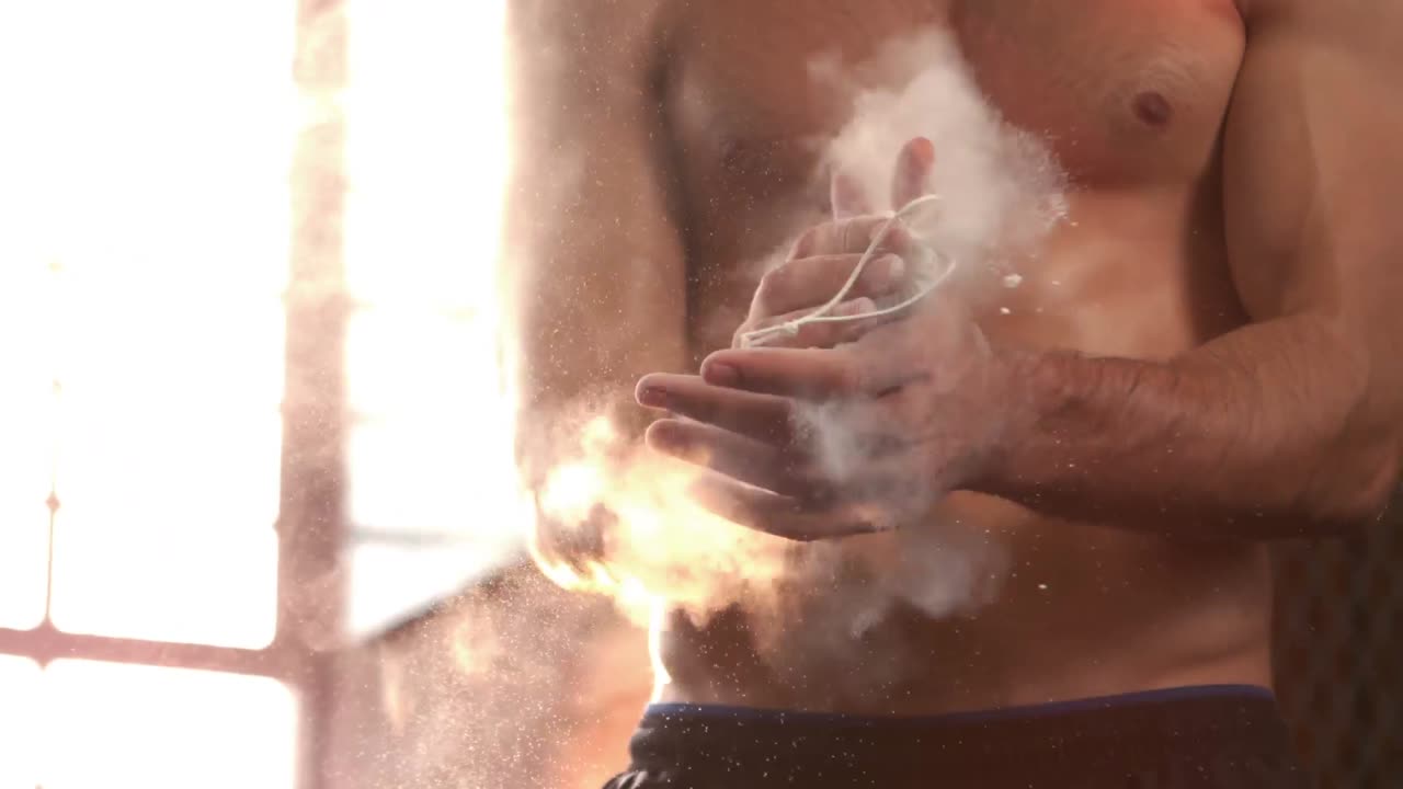 체육관에서 손을 칠하는 체력 있는 남자